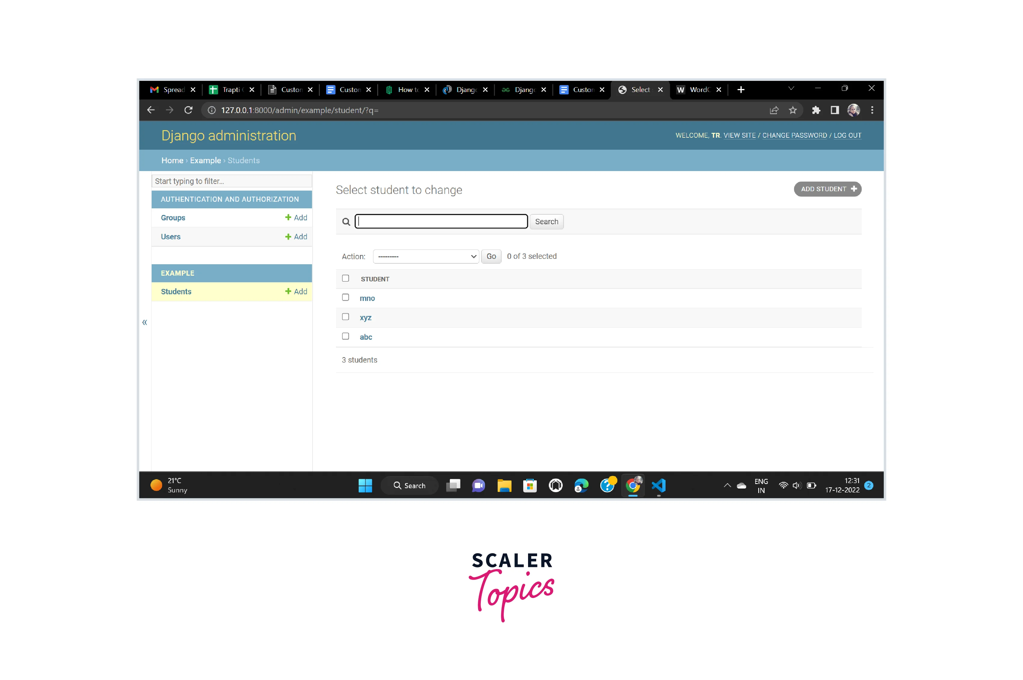 admin panel with the search bar
